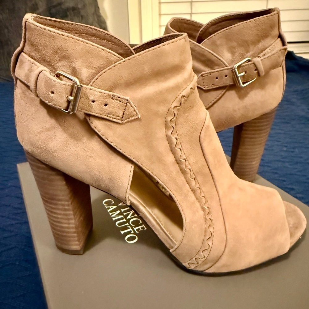 Vince Camuto Beige Peep-Toe Heeled Booties